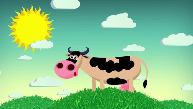 Cartoon light brown cow character pasture on grass mountain. Sunny summer day. Seamless cute character speckled  animal with sky sun and clouds. Funny moves creature useful animation.