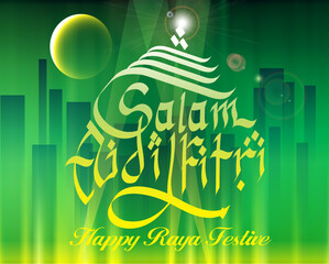 Selamat Aidilfitri Greeting on a abstract city landscape in vector format