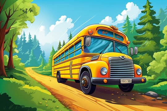 Vibrant cartoon illustration of a school bus on a suburban road, ideal for design. Generative AI