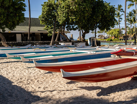 Hawaiian Racing Outrigger Canoes At Kai 'Opua Canoe Club On Kailua Bay, Kailua-Kona, Hawaii Island, Hawaii, USA