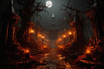 Happy Halloween background spooky scene, creepy dark night jack o lantern pumpkins and spooky...