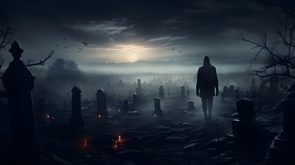 Fototapeta premium man walking through a cemetery on a halloween night (ai generated)