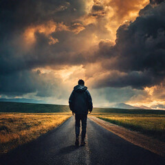 man walking on the road at sunset