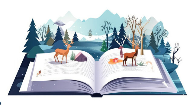 Open book on 2 pages of children and kids magical fantasy story book about nature. Magical story book with fairy tale illustration.