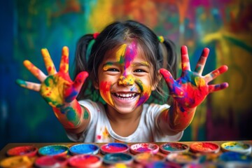 Generative AI : hands in colored paint a happy child girl