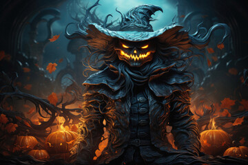 Fototapeta premium Halloween spooky background, scary jack o lantern pumpkins in creepy dark forest with bats, spooky trees and moon, Happy Haloween ghosts horror gothic mysterious night moonlight backdrop.
