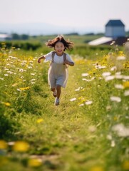 Generative AI : happy little child girl in a white dress running on field with a bouquet of yellow flowers