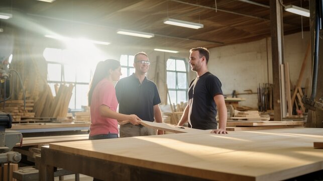 Generative AI : couple of colleagues male and female artisan masters in aprons standing near large lumber plank while working together in carpentry workshop