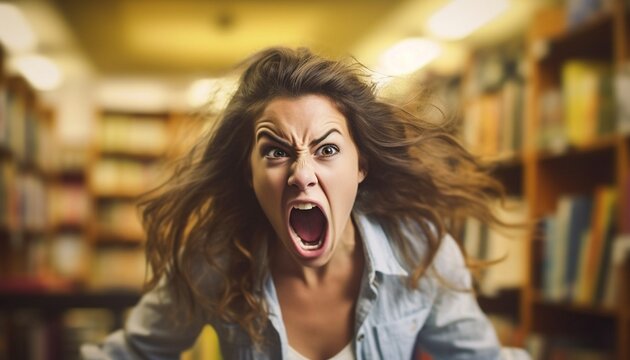 Generative AI : funny mad girl student with glasses shouts with books in the library