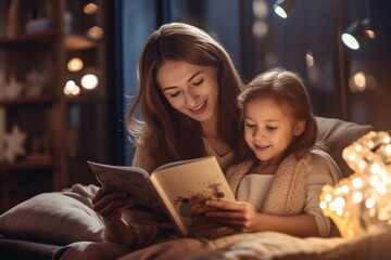 Generative AI : happy family mother and daughter read a book in the evening at home