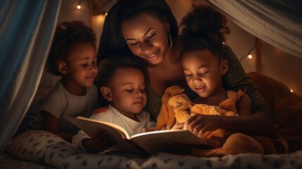 Generative AI : mother reads to children the book before going to sleep in bed - obrazy, fototapety, plakaty