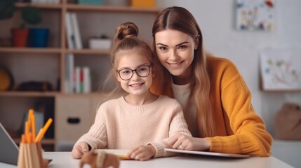 Generative AI : Pleased mother and small daughter in glasses and casual clothes looking at each other and smiling while sitting at table and school supplies and laptop and doing home task together in  - obrazy, fototapety, plakaty