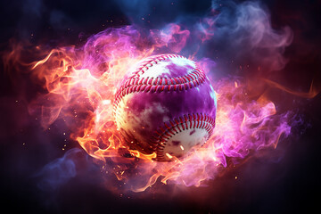 Fototapeta na wymiar Generative AI Image of Softball Moving with Fire and Purple Smoke on Dark Background
