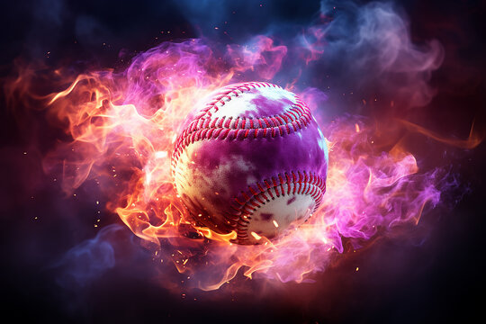 Generative AI Image of Softball Moving with Fire and Purple Smoke on Dark Background