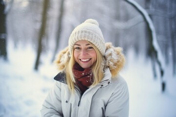 Fototapeta na wymiar Generative AI : happy young woman in winter for a walk in nature