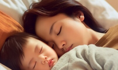 Obraz na płótnie Canvas Generative AI : a newborn baby and his mother sleeping together