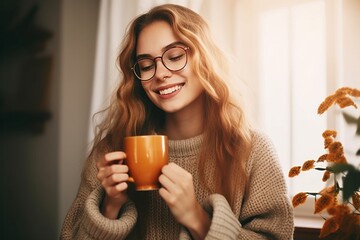 Generative AI : Positive young woman in glasses enjoying hot drink and smiling for camera while sitting on table during break in creative workplace