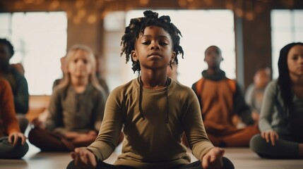 Generative AI : Tranquil young man in casual wear sitting on floor in lotus position and meditating while kids having fun and jumping on sofa at home - obrazy, fototapety, plakaty