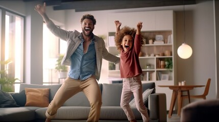 Generative AI : Cheerful family girl raising arms and screaming while supporting mother and father sitting on sofa and playing videogame at home together - Powered by Adobe