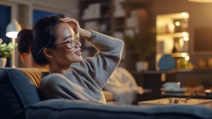 Fototapeta na wymiar Generative AI : Satisfied young ethnic female student in glasses and headphones with clenching his fist rejoicing in success while sitting on sofa and using tablet in light modern apartment