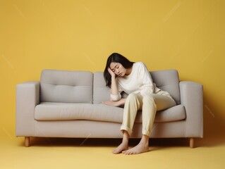 Fototapeta premium Generative AI : Frustrated female sitting on sofa and suffering from headache because of kids jumping and making noise