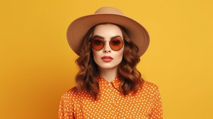 Generative AI : dreaming young woman in hat and glasses smiles enigmatically and looking up while thinking against yellow background - obrazy, fototapety, plakaty