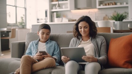 Generative AI : Happy multiethnic family parents and amazed mixed race boy watching video on laptop while resting on couch at home together