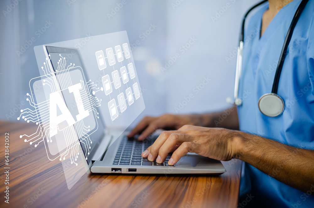 Poster doctor using technology ai in treatment and ai management digital document data in hospital system. 