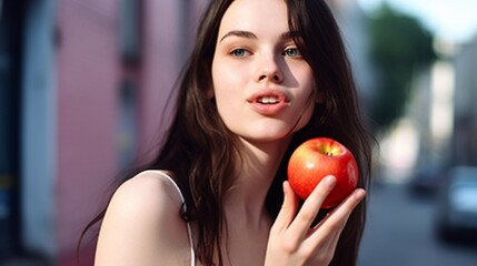 Fototapeta na wymiar Generative AI : healthy vegetarian food happy woman eating apple and fruit in the summer