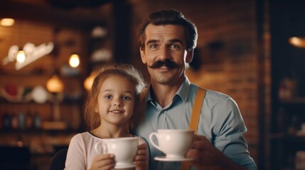 Generative AI : funny family father and child daughter with a mustache