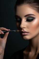 Fototapeta premium Generative AI : beauty girl paints the eyelashes makeup mascara on a gray background