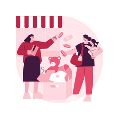 Baby clothes trade-in abstract concept vector illustration. Used kids toys and clothes in exchange for cash or coupons, child fashion store, second hand, baby gear, resale shop abstract metaphor.