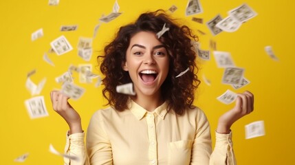 Generative AI : cheerful funny young woman with festive confetti on yellow background