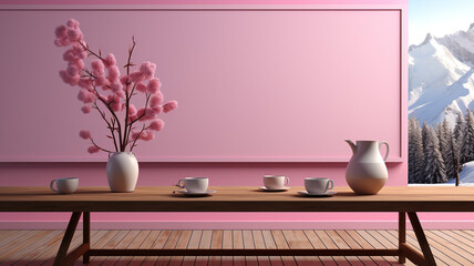 notebook on table with pink flower, vase, coffee cup, and whiteboard, pink wall