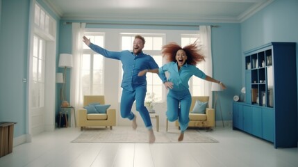 Generative AI : Full length of young energetic active african american family couple jumping on sofa in cozy living room carefree black man and woman have fun together at home Freedom and happiness in