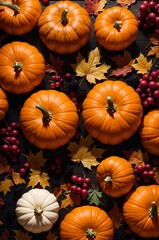 autumnal harvest with pumpkins, berries, and leaves on a black background.