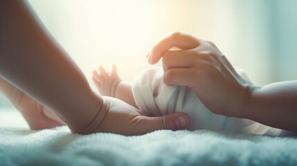 Generative AI : concept of love parenthood motherhood tiny newborn baby foot in mother hands - obrazy, fototapety, plakaty