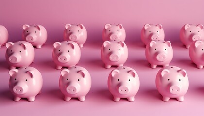 Generative AI : financial planning happy family mother father and children with piggy Bank on pink background