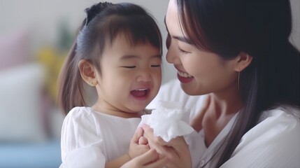 Generative AI : Side view of smiling woman touching nose of laughing daughter applying cream while looking at each other after spa - obrazy, fototapety, plakaty