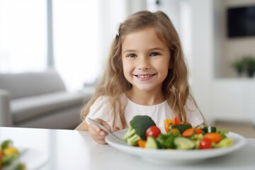 Generative AI : the happy child girl eating vegetables and laughs