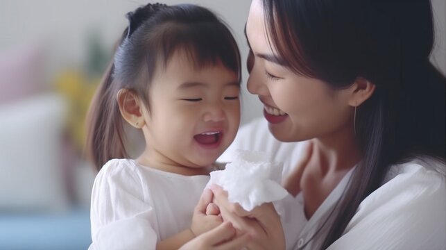 Generative AI : Side view of smiling woman touching nose of laughing daughter applying cream while looking at each other after spa