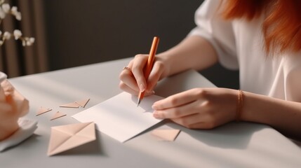 Generative AI : beautiful young woman writes a love letter a card for valentines day in the room