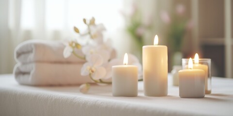 Fototapeta na wymiar Generative AI : composition of spa candles and white towels