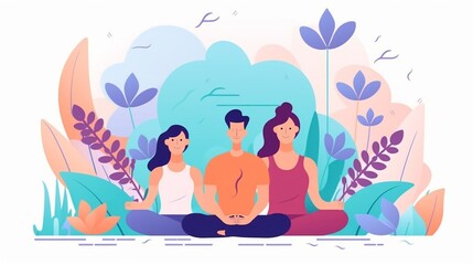 Obraz na płótnie Canvas Generative AI : happy healthy family does yoga meditates in the lotus position at home