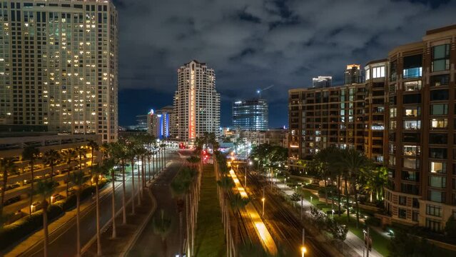 Aerial night views of downtown San Diego cityscape