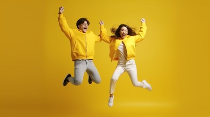 Fototapeta na wymiar Generative AI : couple of young emotional people man and woman jumping on yellow background