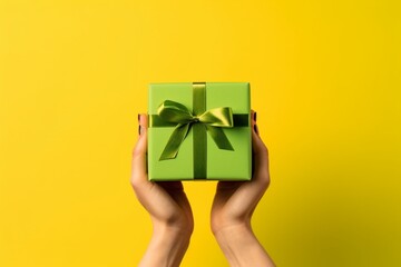 Generative AI : cheerful funny surprised young woman in a green sweater with deer antlers holds a Christmas gift and laughing on a colored yellow background