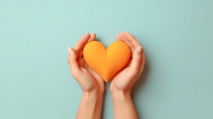 Generative AI : young beautiful funny girl on holds hands in shape of a heart colored yellow background