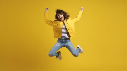 Obraz premium Generative AI : concept happy emotional young woman in red jumping and laughing on yellow background