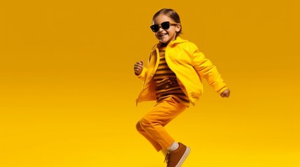 Generative AI : Cheerful girl in school uniform and glasses giving piggyback ride to happy little brother on yellow background